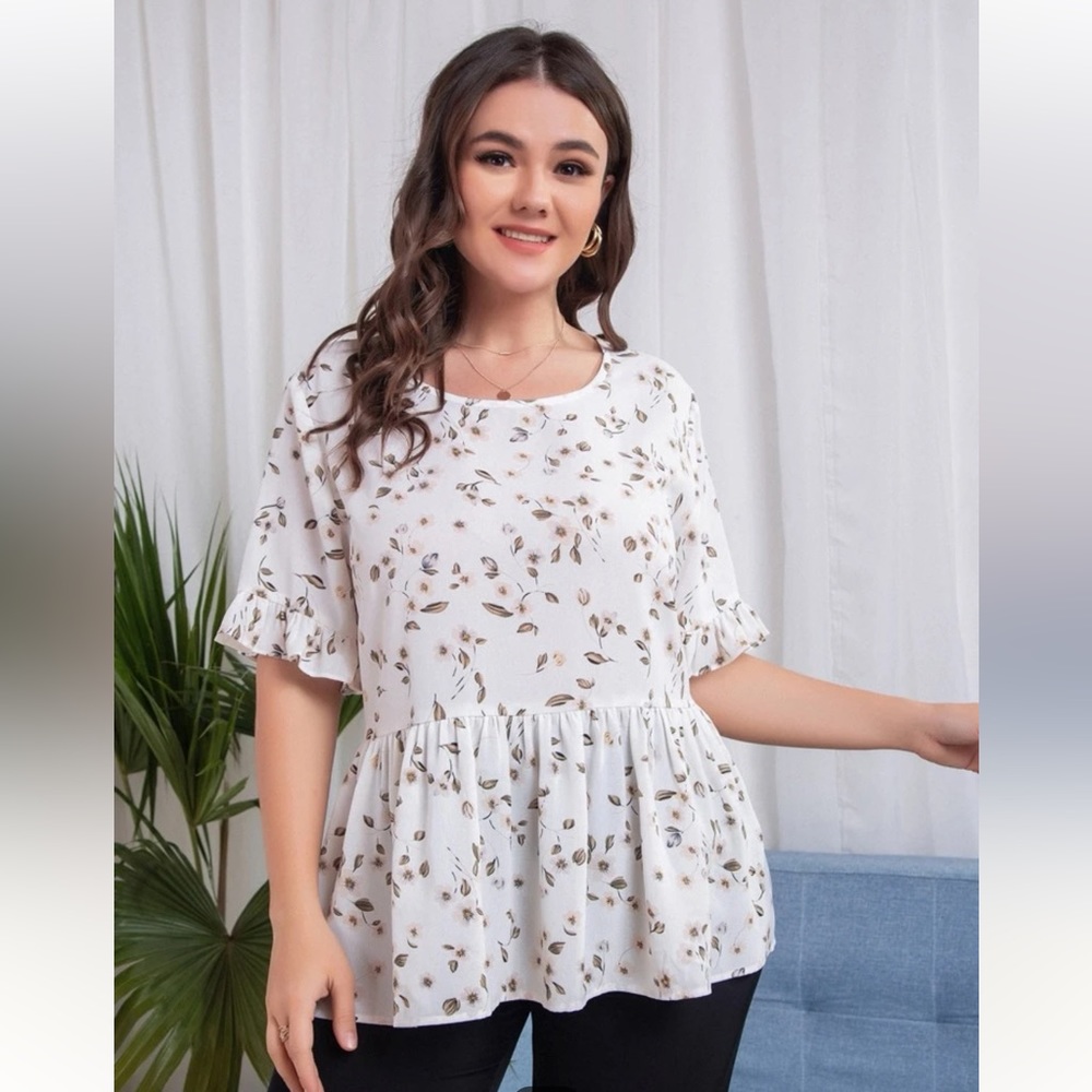 Plus Floral Print Flounce Sleeve Peplum Blouse